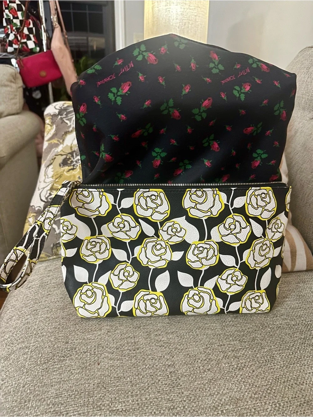 Betsey Johnson Black, White & Yellow Floral Wristlet Clutch w/ Rose Print Lining